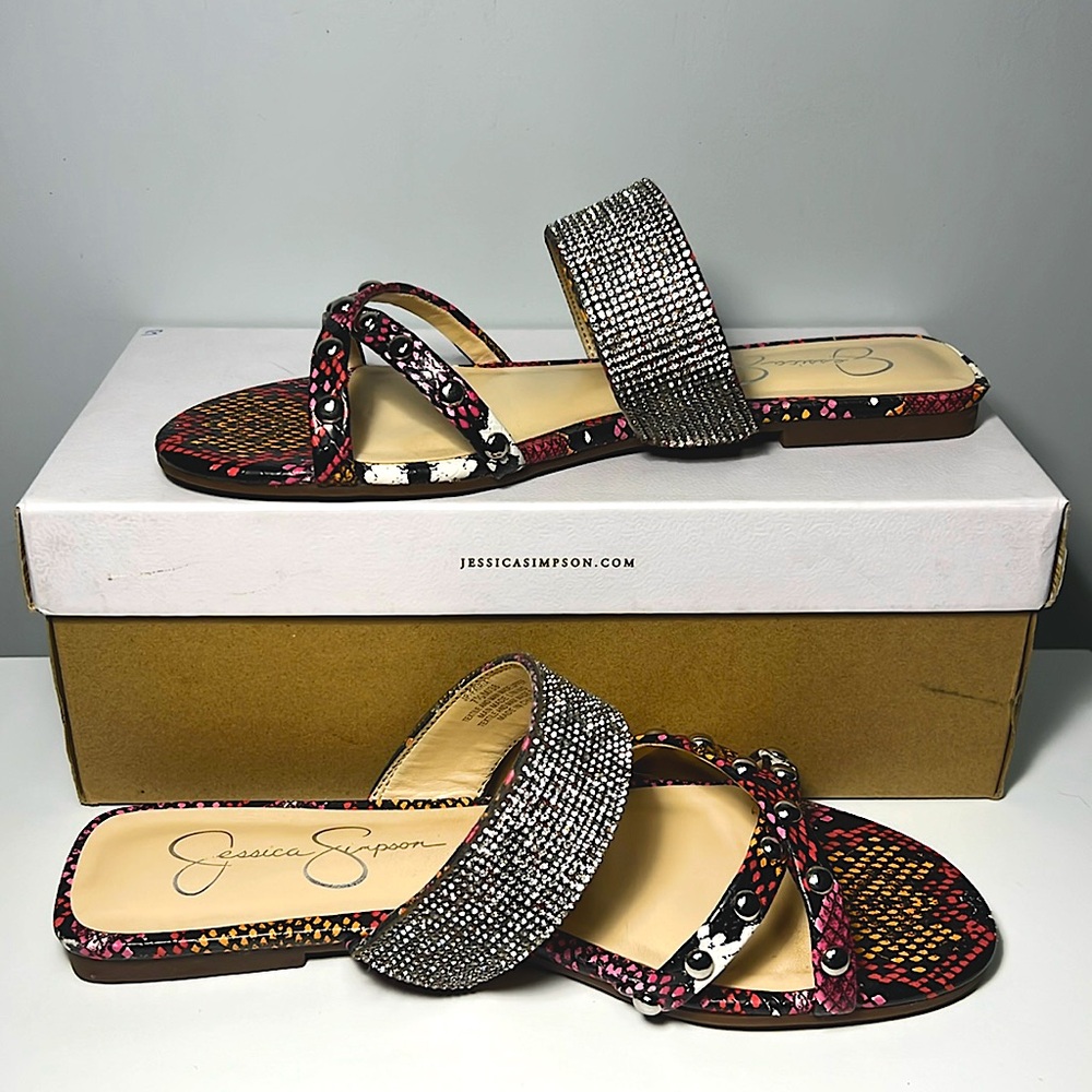 JESSICA SIMPSON ‘Fairia’ Pink Multi Fiesta Snake Print Sandals- Women’s 7.5